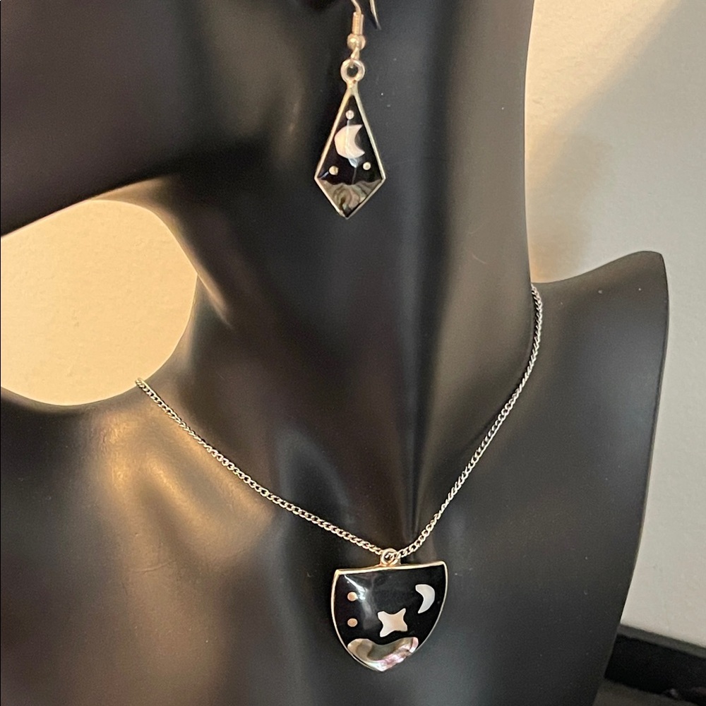 Vintage Alpaca Silver Abalone Shell & Onyx Celestial Themed Jewelry Set